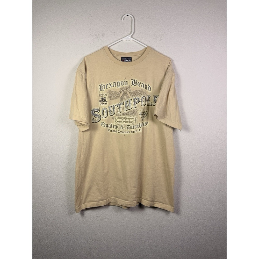 Southpole Hexagon Brand Graphic‎ T Shirt Mens L Beige Y2K Streetwear Tee Silver